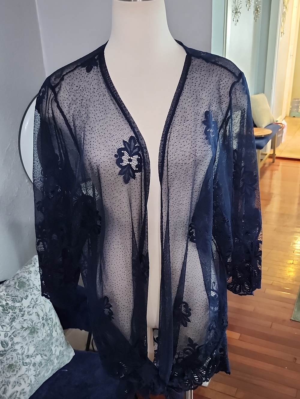 Eyeshadow Sheer Navy Blue Lace Kimono Cover-Up